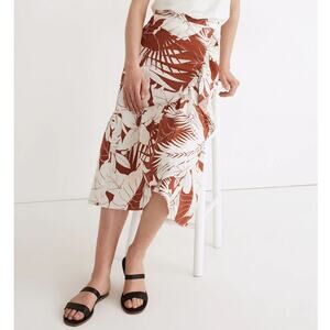 Madewell Linen-Blend Ruffle-Wrap Midi Skirt in Tropical Vacation, White Red, 6